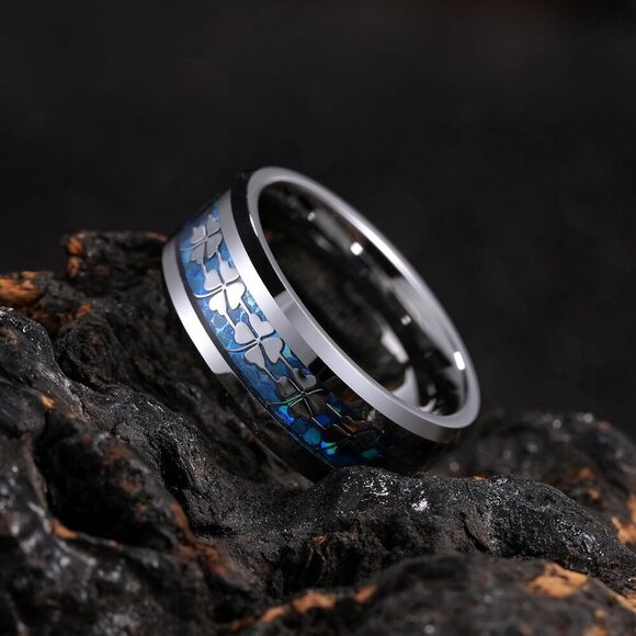 ⭐ King Will 8mm Tungsten Wedding Band - Blue Opal & Four Leaf Clover Inlay - Picture 2 of 6